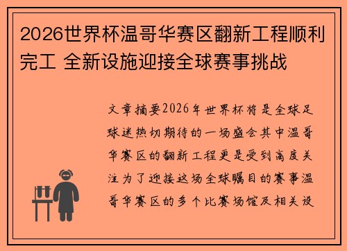 2026世界杯温哥华赛区翻新工程顺利完工 全新设施迎接全球赛事挑战